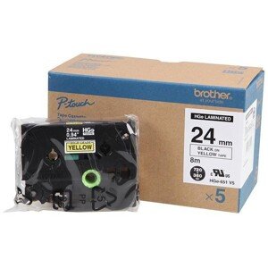 Brother HGe-651, 24mm x 8m, 5ks, čierna tlač / žltý podklad, originálná páska
