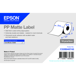 Epson C33S045743 PP Matte, pre ColorWorks, 76mmx29m, polypropylén, biele samolepiace etikety