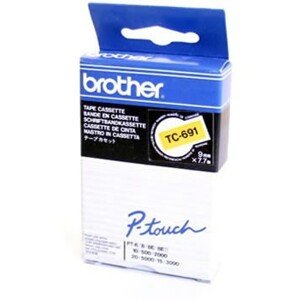 Brother TC-691, 9mm x 7,7m, čierna tlač / žltý podklad, originálna páska