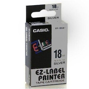 Casio XR-18SR1, 18mm x 8m, čierna tlač/strieborný podklad, originálna páska