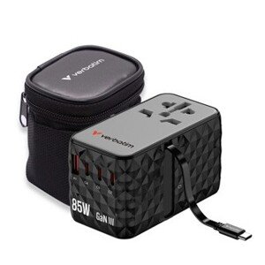 Verbatim CNT-02 GaN III 32127, Univerzálny cestovný adaptér, 3x USB-C PD QC 4+, 1x USB-C kabel, 1x USB-A QC, čierny, 85W