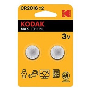 Baterie jednorázová lithiová, knoflíková, CR2016, 3V, Kodak, blistr, 2-pack, KOD-2016