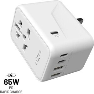 Cestovný adaptér FIXED pre EÚ, UK a USA/AUS, s 3xUSB-C a 2xUSB výstupom, GaN, PD 65W, biely