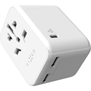 Cestovný adaptér FIXED pre EÚ, UK a USA/AUS, s 1xUSB-C a 2xUSB výstupom, GaN, PD 30W, biely
