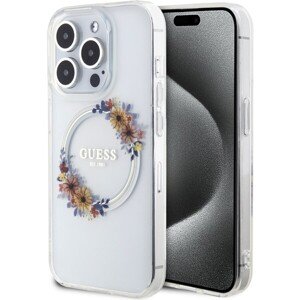 Guess PC/TPU Flowers Ring Glossy Logo MagSafe Zadný Kryt pre iPhone 15 Pro Transparent