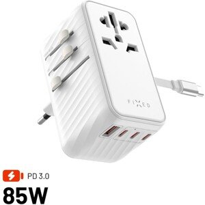 FIXED Voyager (85W) cestovný adaptér pre EU/UK/USA/AUS, 4xUSB-C a 1xUSB, GaN, PD 85W, biely