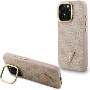 Guess PU 4G Strass Triangle Logo Stand Camera Frame MagSafe Zadný Kryt pre iPhone 16 Pre Max Pink