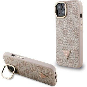 Guess PU 4G Strass Triangle Logo Stand Camera Frame MagSafe Zadný Kryt pre iPhone 15 Pink