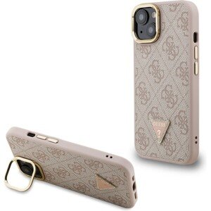 Guess PU 4G Strass Triangle Logo Stand Camera Frame MagSafe Zadný Kryt pre iPhone 14 Pink