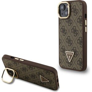 Guess PU 4G Strass Triangle Logo Stand Camera Frame MagSafe Zadný Kryt pre iPhone 15 Brown