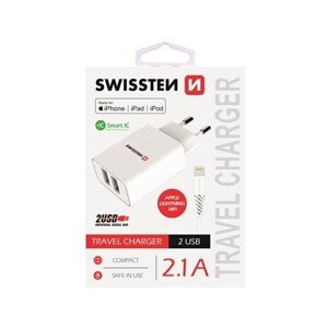 SWISSTEN sieťový adaptér 2xUSB, 2,1 A, MFi biely + kábel USB/Lightning